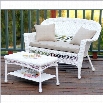 Jeco Wicker Patio Love Seat and Coffee Table Set in White with Tan Cushion