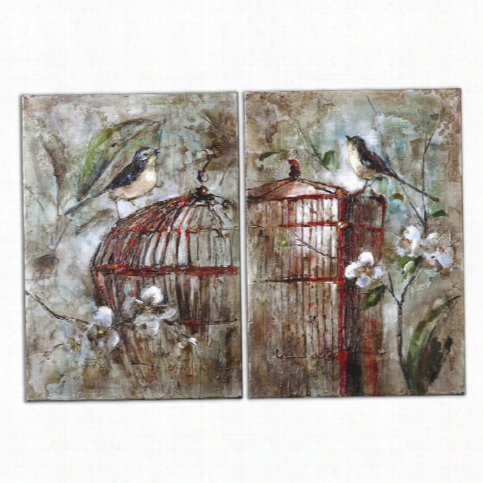 Uttermost Birds In A Cage Frameless Stretched Canvas Art (set Of 2)