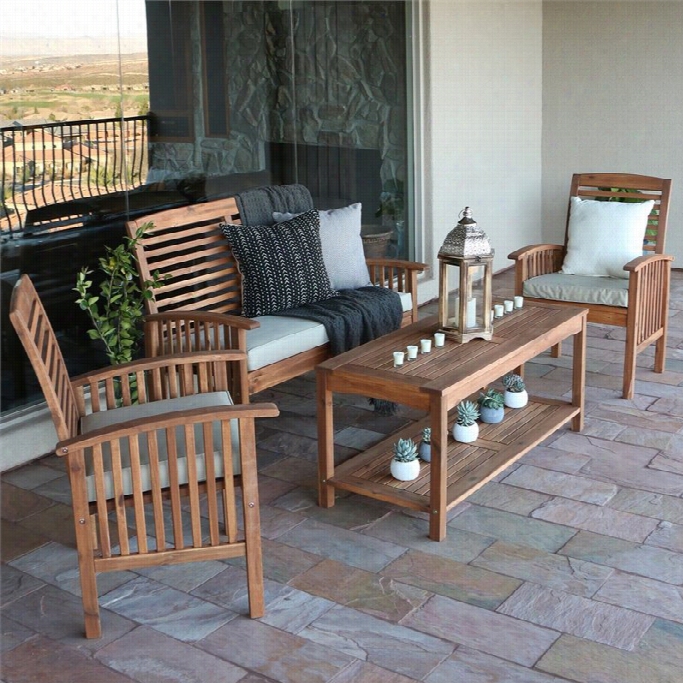 Walker Edison 4 Piece Wood Patio Set In Brown Witth Cushions