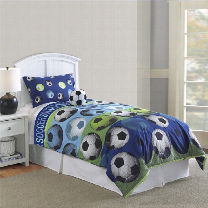 Kids Soccer 3 Or 4 Piece Comforter Set In Blue And White-3 Piece Twin