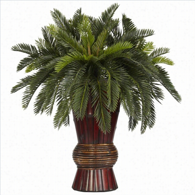 Nearly Natural Cycas With Bamboo Vase Silk Plant In Green