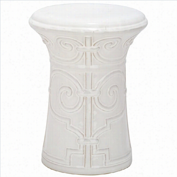 Saafvieh Imperial Scroll Ceramic Garden Stool In White