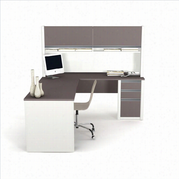 Bestar Connexion L-sape Wood Computer Desk With Hutch I Sandstone And Slate