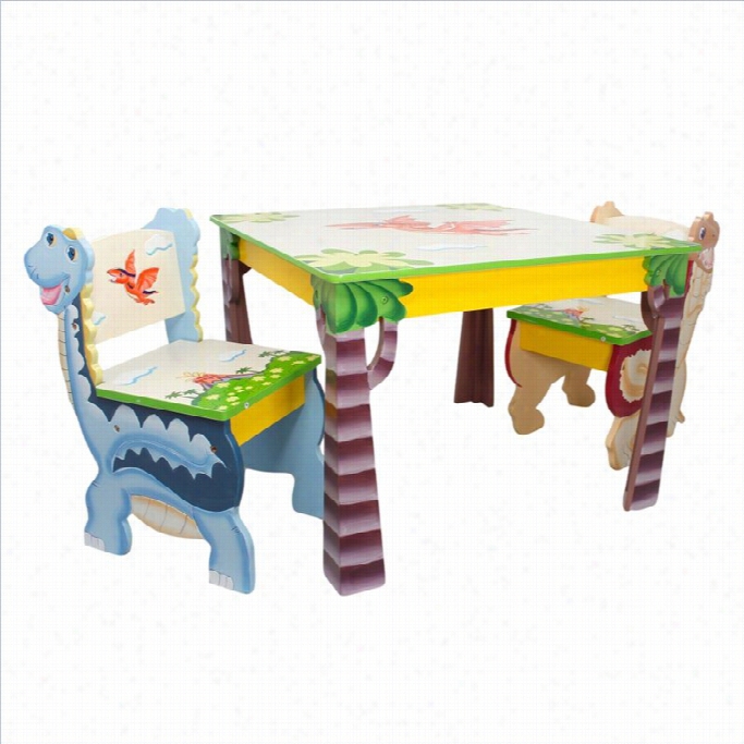 Fantasy Fields Hand Painted Dinosaur Kingdom Table And Placed Of 2 Chairs