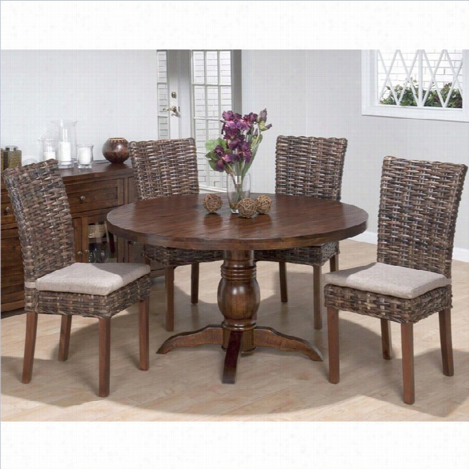 Jofran 5 Piece Round Dining Set With Rat Tan Chairs In Urban Lodge Brown