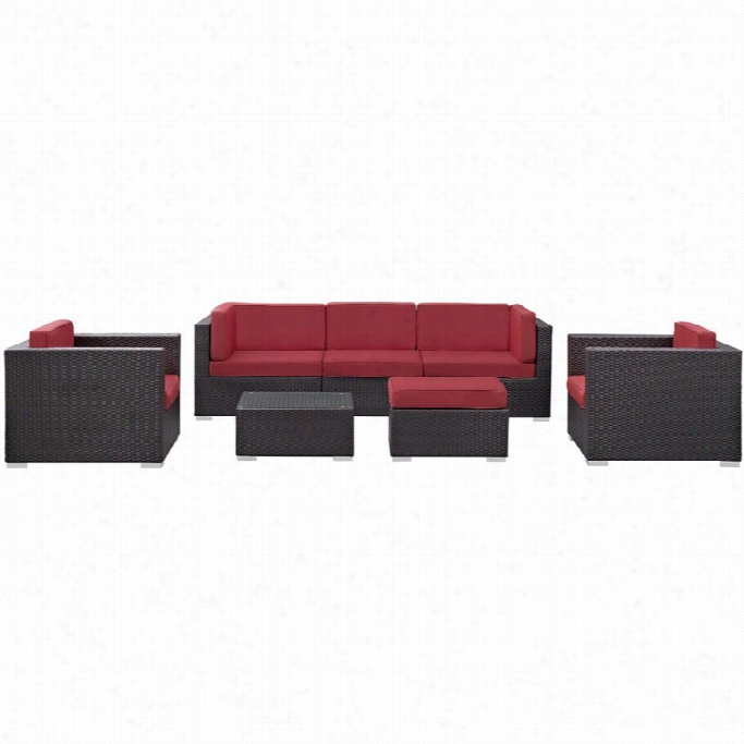 Modway Convene 7 Piece Outdoor Sofa Set In Espresso And Red