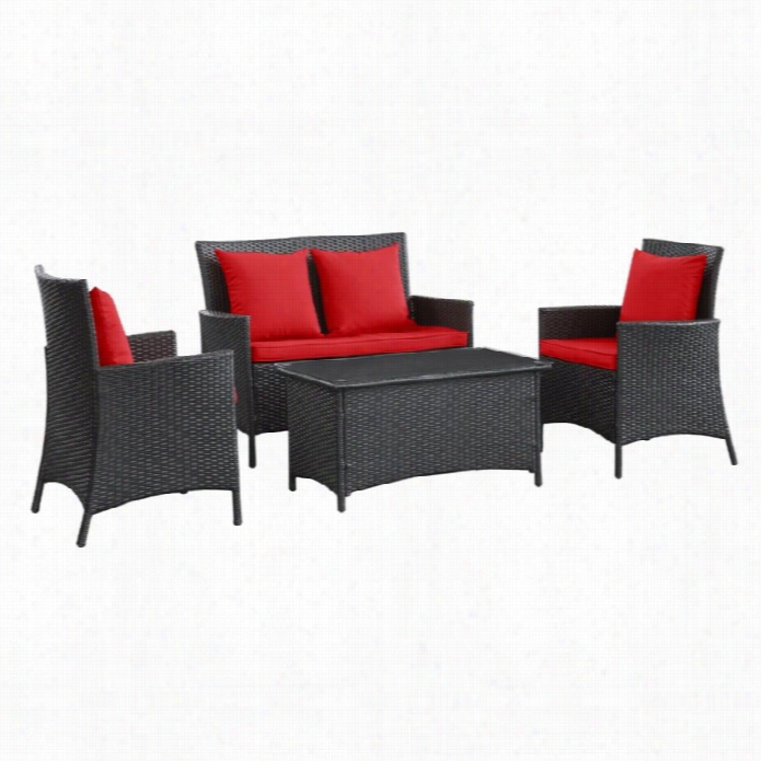 Modway Flourish 4 Piece Outdoor Sofa Set In Espresso And Red