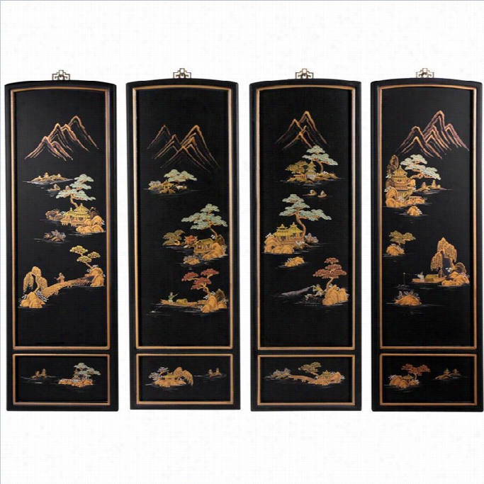 Oriental Furniture Japanese Landscape Walll Plaques In Black (set Of 4)