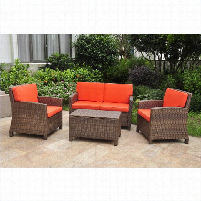 International Caravan Valencia 4 Piece Outdoor Patio Settee Set In Antique Brown And Tangerine Dream