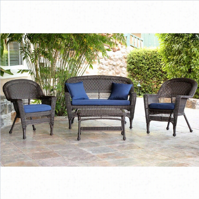 Jeco 4pc Wickeer Conversation Set Inn Espresso With Navy Blue Cushions