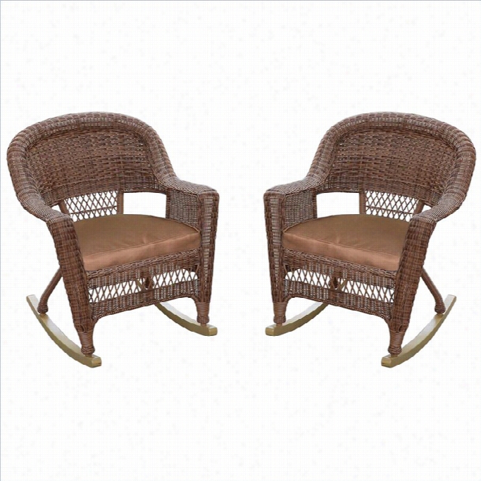 Jeco Wicker Rocker Chair In Honey With Brown Cushion (set Of 2)