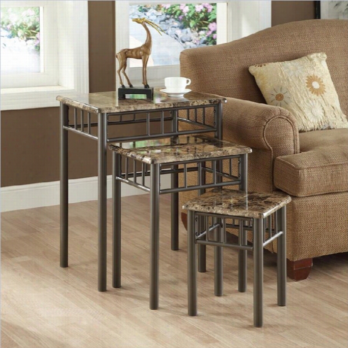 Monarch 3 Piece  Mtal Nesting Tables In Acppuccino Marble And Bronze