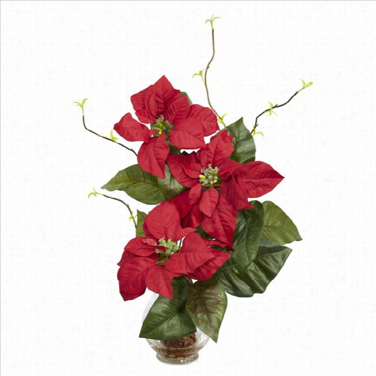 Nearly Natural Poinsettia With Fluted Vase Silk Flower Arrangement In Red