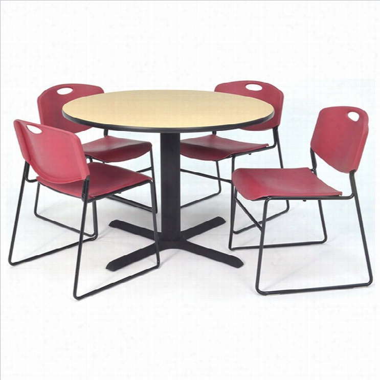 Regency Round Table With 4  Zeng Stack Chairs In Beige Annd Burgundy-30