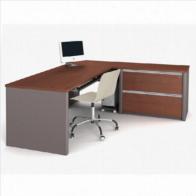 Bestar Connexion L-shaped Workstation With 1 Assembled Oversized Pedestal In Boordeaux