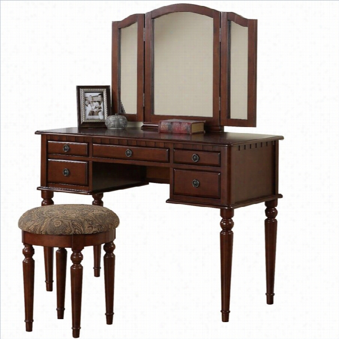 Poundex Bobkona St. Croix Vanity Set With Stool In Cherry