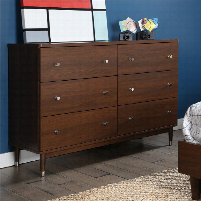 South Shore Olly Midc Entury Modern 6 Drawer Double Dresser Brown Walnut