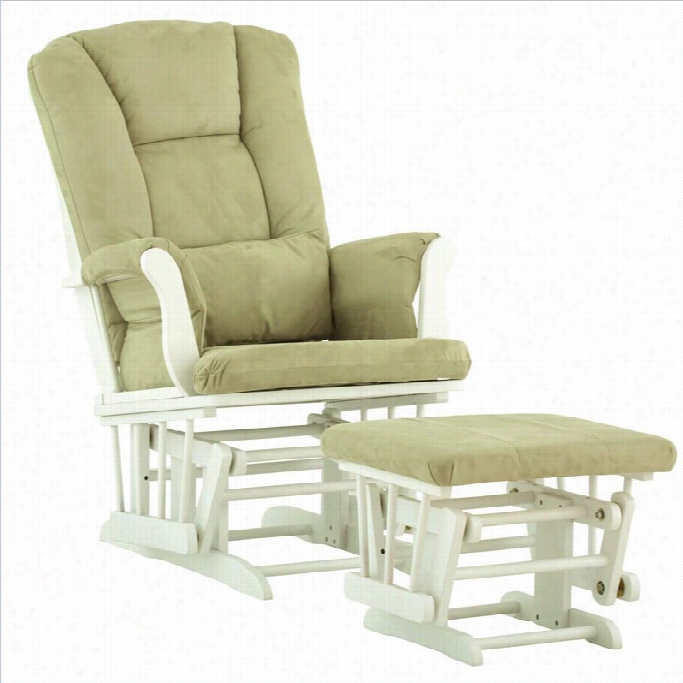 Stork Craft Tuscany Glider And Ottoman In White With Sage Cushions