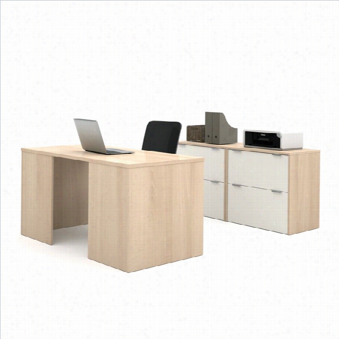 Bestar I3 Workstation With Storage Units In Northern Mapple And Sandstone