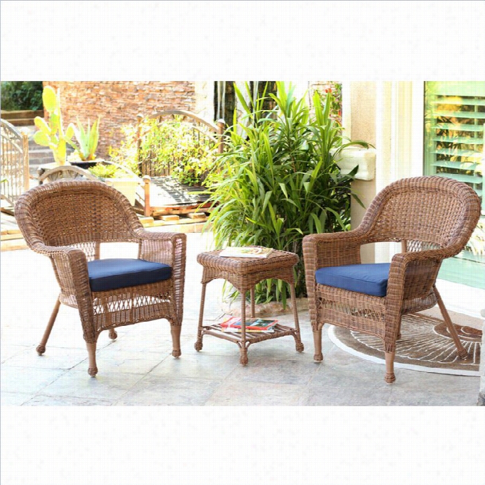 Jeco 3p Wicker Chair And End Table Set In Honey With Blue Chair Cushin