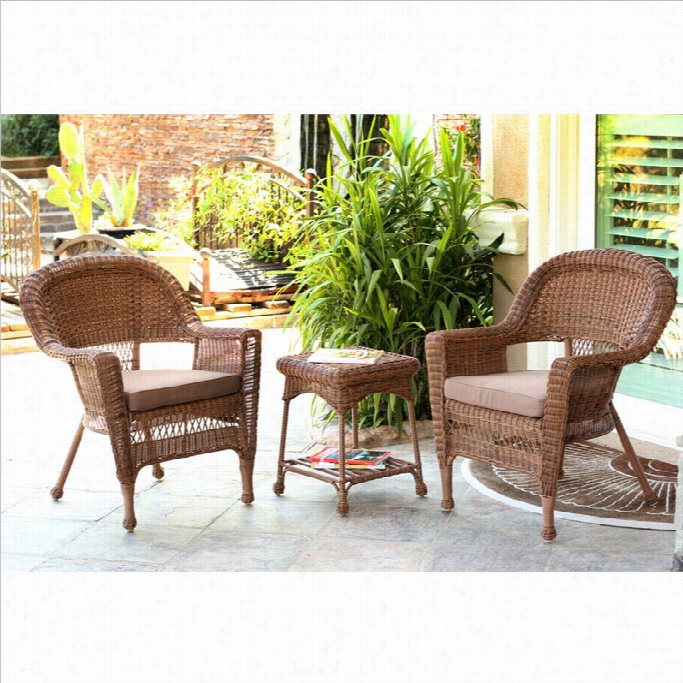 Jeco 3pc Wicker Chair And End Table Set In Honey With Brown Chair Ushion