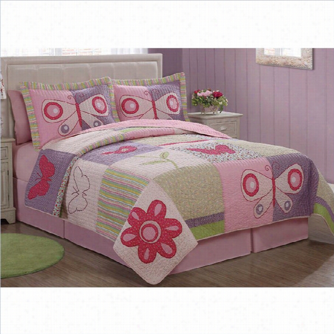 Pem America Pink Butterfl Ylower Mulitcolor Quilt Set-twin