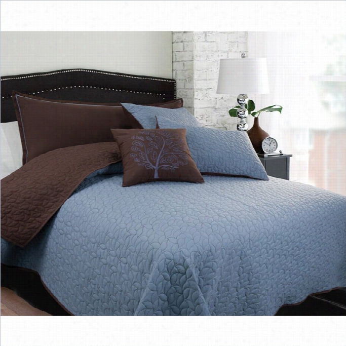 Morning Leavess 5 Piece Covrlet Set In Blue And Brown-king Size