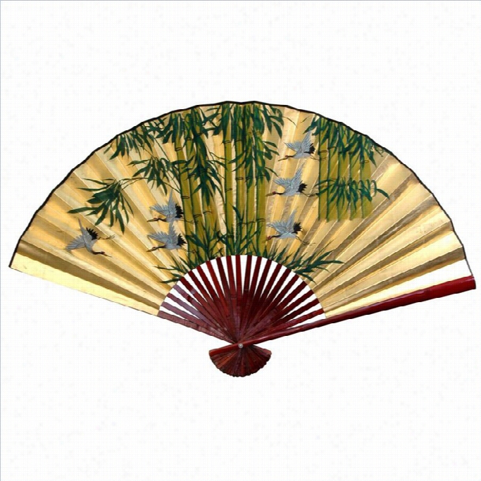 Oriental Furniture Bamboo And Cranes Fan In Gold-12 Inches