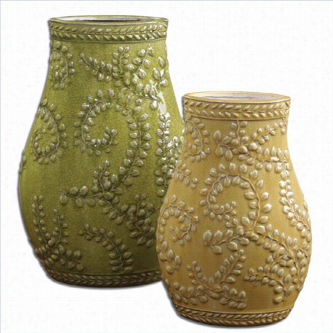 Uttermost Trrailing Leaves Cerammic Vases Iin Pale Yellow (set Of 2)