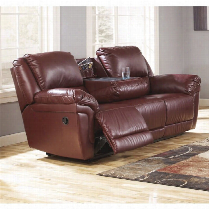 Ashley Magician Leather Reclining Sfoa With Drop Down Table In Garnet