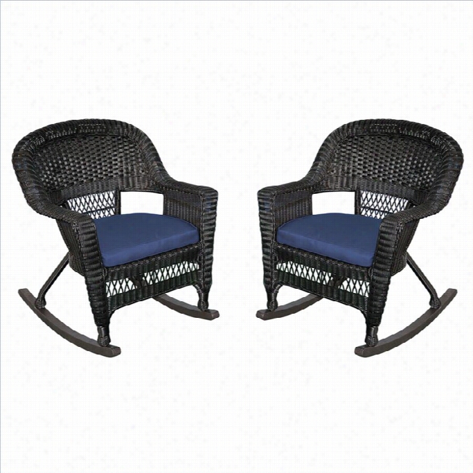 Jeco Wicker Chair In Black With Bluecushion (set Of 4)
