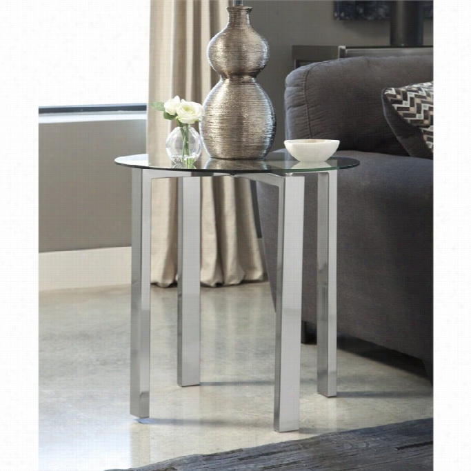 Ashley Jonies Glass Round End Table In Brushed Nickel