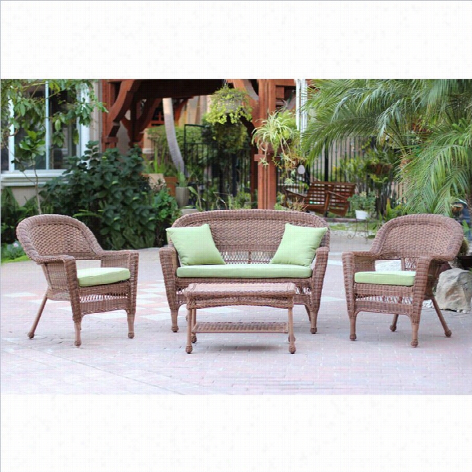 Jeco 4pc Wicker Conversation Set In Honey With Greeb Cushionss
