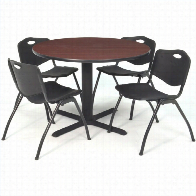 Regency Round Lunchroom Slab And 4 Black M Stack Chairs In Mahogan Y