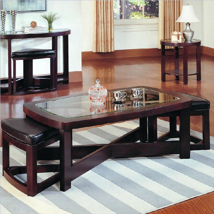 Trent Home Redell Rectangle Glass Top Cocktai L  Table With 2 Ottomans