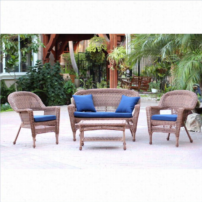 Jeco 4pc Wciker Conversation Set In Honey With Navy Blue Cushions