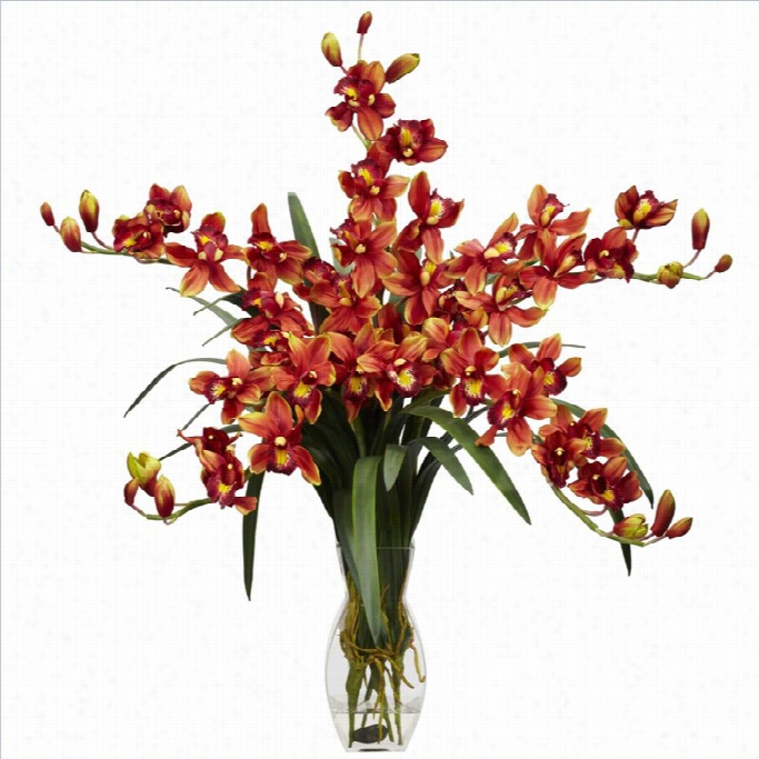Nearly Natural Cybmidium Orchid Silk Flower Arrangement In Burgundy