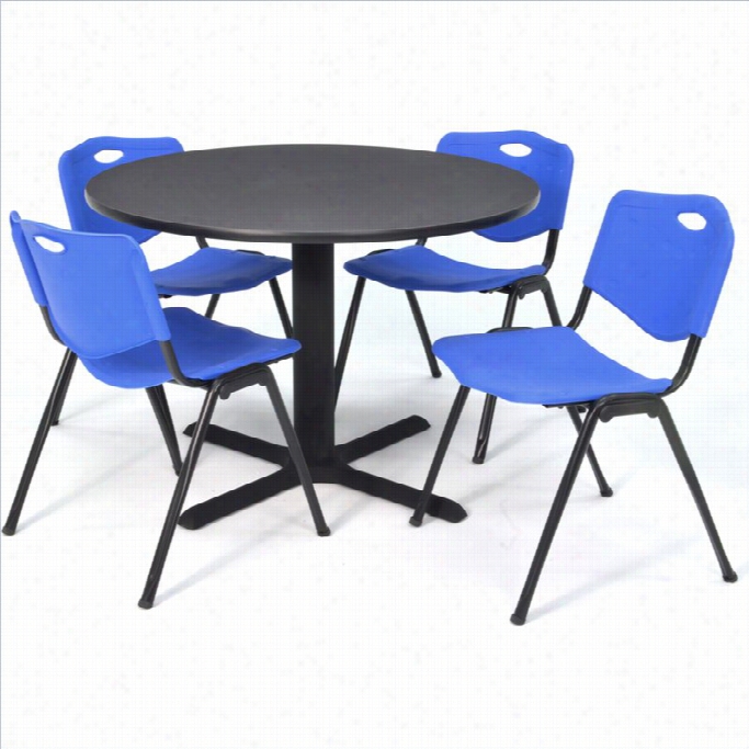 Regency Round Lunchroom Table And 4 Blue M Stack Chairs In Grey