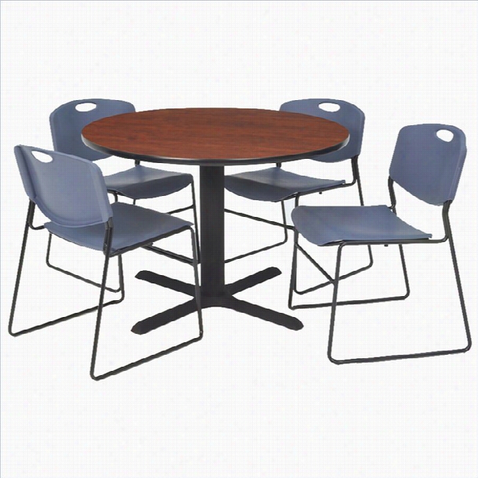 Regency  Round Ta Ble Wjth 4 Zeng Stackchairs In Cherry An Blue-0