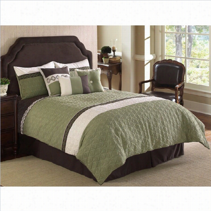 Frontera Quilted 7 Piece Comforter Set In Green And White-queensize