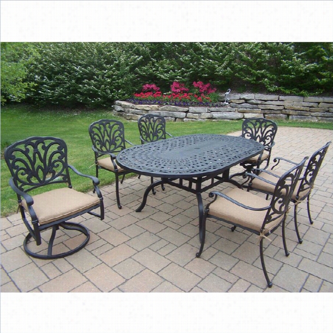 Oakland Living 7 Piece Metal Patio  Dinin Set In Antique Black-beige Cuhsions