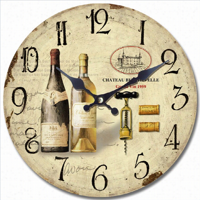 Yosemitw Circular Wooden Wall Clock With Two Bottleso F Wine Print