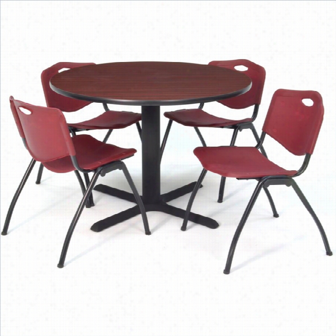 Regency Round Lunch Table And 4 Burgundy M Stack Chairs In Mahogany