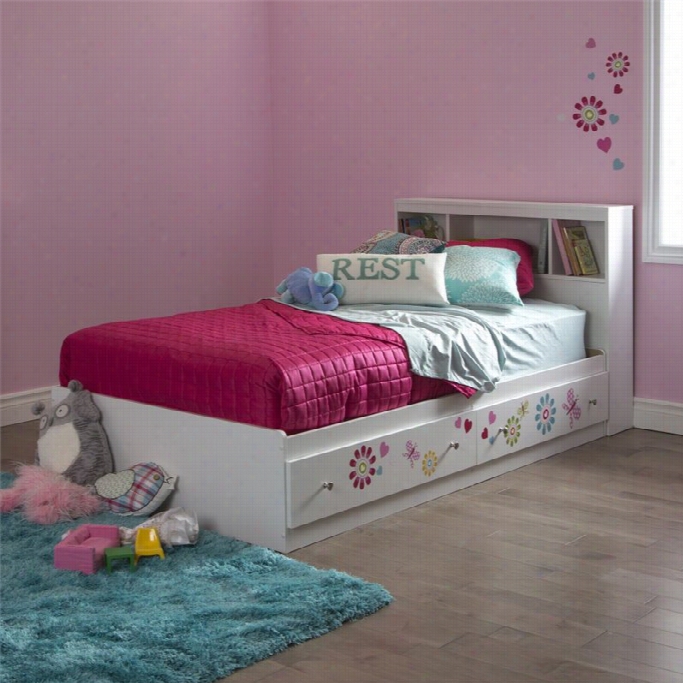 South Shore Joy Wood Twin Flower Decal Storrage Bed In White