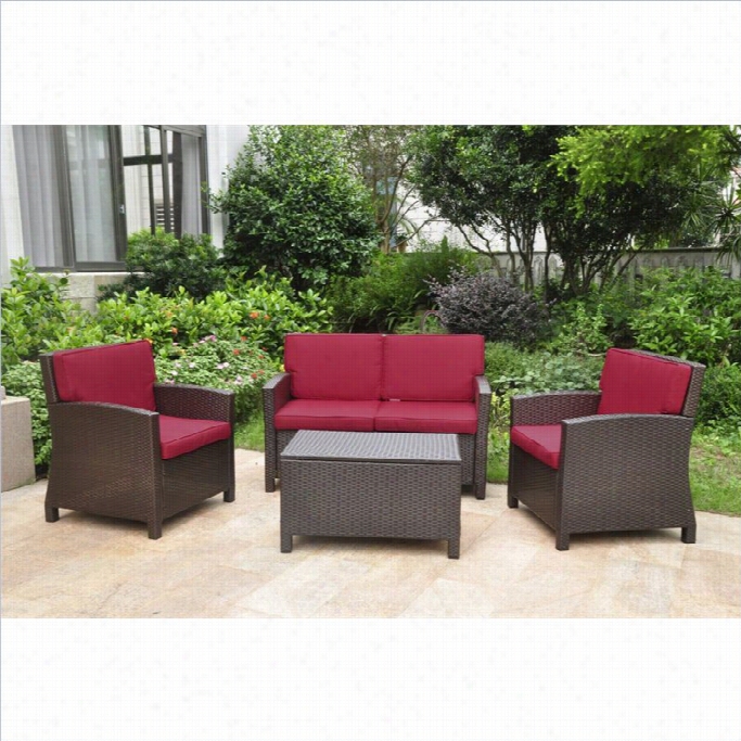 International Caravan Valencia 4 Piece Outddo Or Patio Settee Set In Chocolate And Merlot