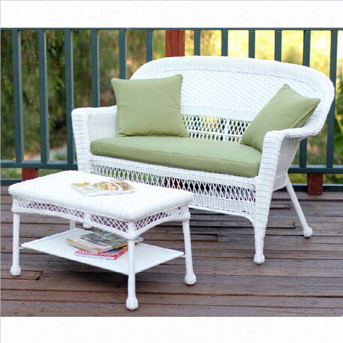 Jeco Wicker Patio Lve Seat And Coffee Table Set In White With Greenn Cushion
