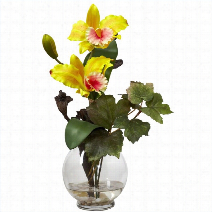 Nearly Natural Mini Cattleya With Fluted Vase Silk Flower Arrangeent In Yellow