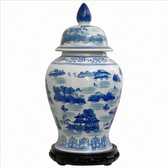 Oriental Furniture 18 Landscape Temple Jar In Blue And Wihte