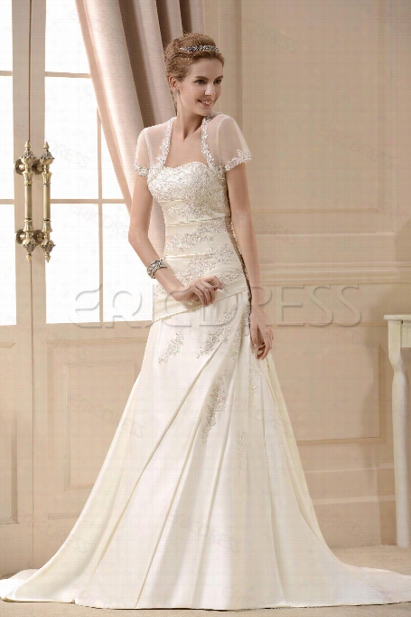 A Line Pricness  Straples Chapel Train Satin Wedding Dress For Bri Des With Jacket/shawl