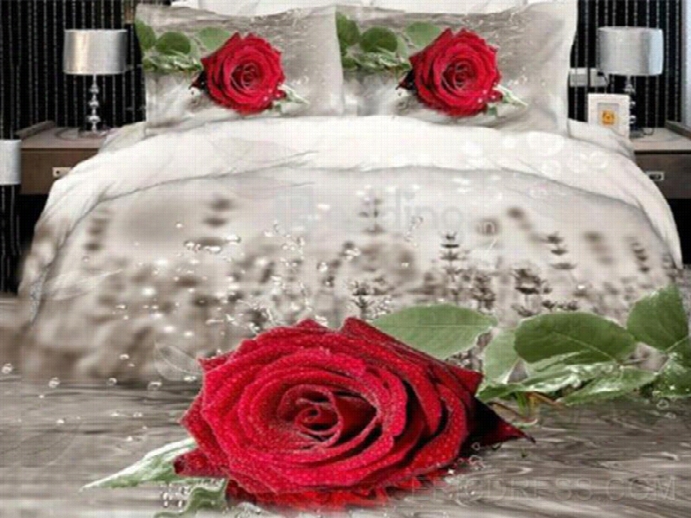 Amazing A Ntique Realistic Red Rose Print 4 Piece Duvet Cover Bedding Sets